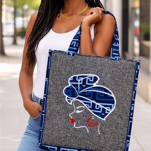Elegant Gray and Blue Tote with Artistic Design